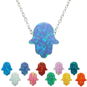 Opal Hamsa Hand Necklace Sterling Silver Chain in Assorted Colors. Authentic Lab-Created Opal Charm.