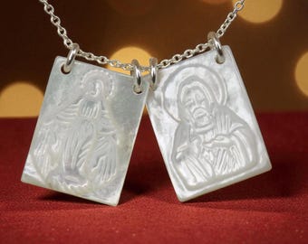 Scapular Christian Necklace, Virgin Mary  Mother of Pearl Scapular Necklace, Sacred Heart of Jesus Scapular
