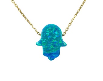 Hamsa Hand Opal Pendant Necklace/Sterling Silver Gold plated Chain Necklace Blue peacock Hamsa Hand Amulet Fashion Jewelry Women's