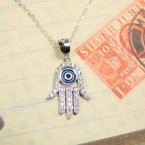 925 Sterling silver hamsa hand evil eye necklace with cubic zirconia stones
