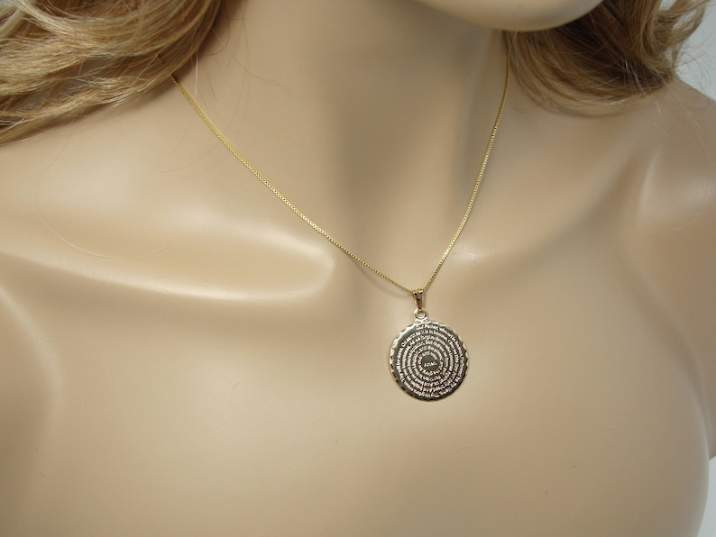 Our Father Prayer Necklace Christian Lord's Prayer Engraved Gold Layered Medallion 925 Sterling Silver Box Chain Necklace. Our Father Prayer Disc Necklace.  Martinuzzi Accessories.