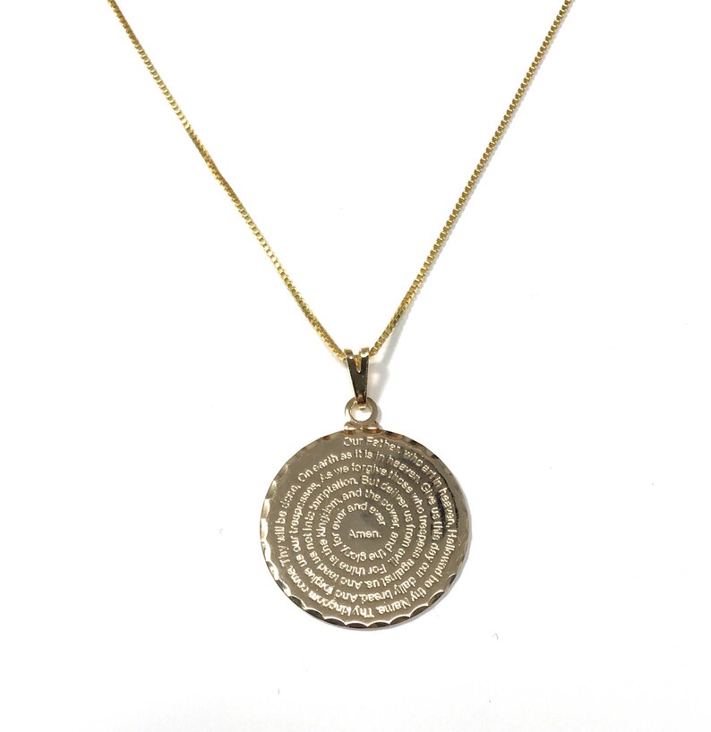 Our Father Prayer Necklace Christian Lord's Prayer Engraved Gold Layered Medallion 925 Sterling Silver Box Chain Necklace. Our Father Prayer Disc Necklace. Martinuzzi Accessories.
