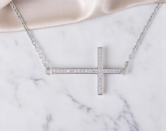 Sterling Silver Sideways Cubic Zirconia Cross Necklace 925 Sterling Silver or Gold, Christian Jewelry.