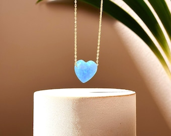 Heart Necklace. Lab created  Light Blue Opal Heart pendant 925 Sterling Silver Link Chain Necklace. Valentine's Day Gifts / Gifts for Her.