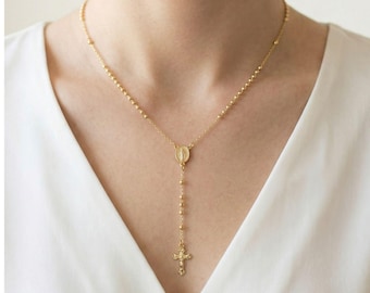 18k Gold Filled Rosary Necklace Free Gift Box, Beaded Cross Necklace, Religious Lariat Jewelry, Catholic Rosary