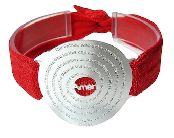 Our Father Prayer Bracelet – Silver Plated Lord’s Prayer Medal – Adjustable Elastic Faith Bracelet