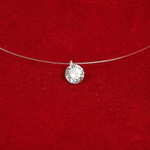 Floating Crystal Necklace CZ Solitaire Pendant on Invisible Fishing Line, Minimalist Illusion Dot Necklace, Bridesmaid Wedding Jewelry.