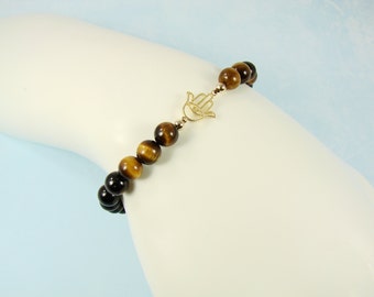 Lapis Lazuli Beaded Bracelet, Tiger Eye Beads Hamsa Hand Cham, Gold Plated Hamsa Hand Adjustable Bracelet