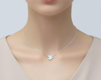 Opal Puzzle Charm Necklace – Autism Awareness Pendant, Best Friend Necklace, Lab Opal Puzzle Piece Jewelry, Sterling Silver Gift for Her.