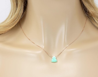 Christmas Tree Necklace, Green Created Opal Xmas Tree 925 Sterling Silver Box Chain Necklace, Opal Pine Tree Necklace, GIFT B0X INCLUDED