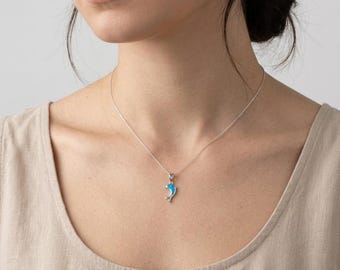 Opal Dolphin Charm Necklace. Dainty Sterling Silver Dolphin Pendant with Fire Opal Inlay Sterling Silver Link Chain Necklace