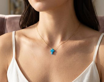 Blue Opal Cross Necklace – Lab-Created Opal Cross Pendant on Gold Plated 925 Sterling Silver Chain, Christian Gift for Her, Faith Jewelry