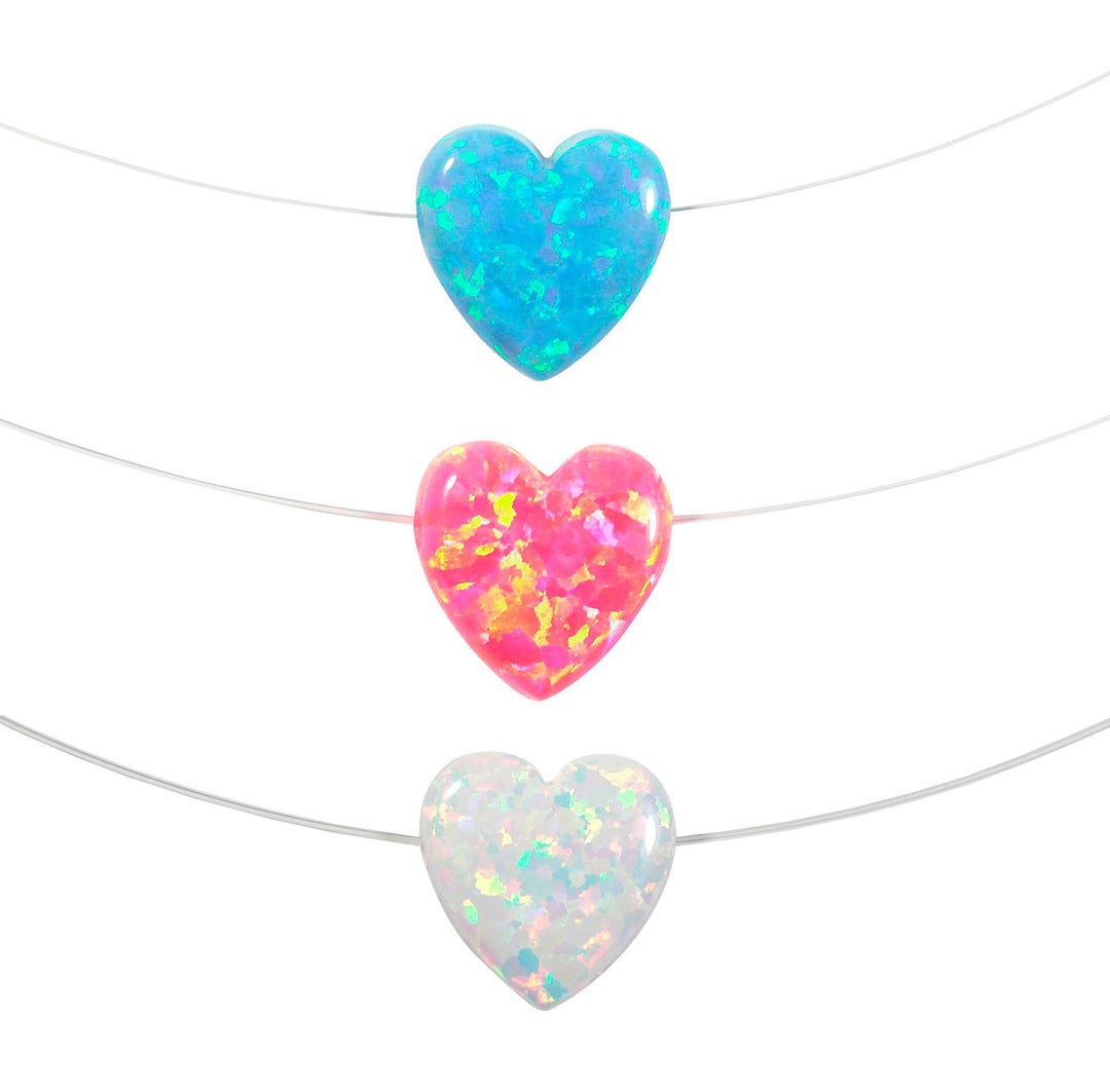 Heart Necklace Lab Created Opal Pendant Fishing Line Transparent String, Floating Illusion. Opal Heart Jewelry