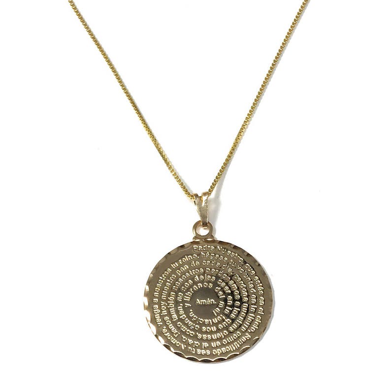 Our Father Prayer Necklace Christian Lord's Prayer Engraved Gold Layered Medallion 925 Sterling Silver Box Chain Necklace. Our Father Prayer Disc Necklace. Martinuzzi Accessories.