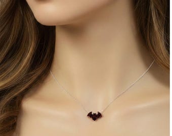 Bat Necklace, Opal Black Bat Charm Sterling Silver Necklace, Halloween Necklace, Gothic Bat Necklace, Halloween Gift