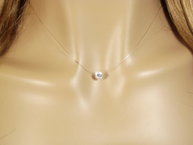 Solitaire Crystal Floating Illusion Necklace, Wedding Bridesmaid Necklace Invisible Thread CZ Crystal Pendant 6m, Fishing Line Dot Necklace image 3