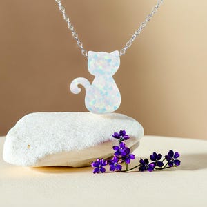 Cat Necklace. White Lab-Created Opal Cat Pendant Necklace 925 Sterling Silver Chain, Gift Box Included.