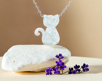 Cat Necklace. White Lab-Created Opal Cat Pendant Necklace 925 Sterling Silver Chain, Gift Box Included.