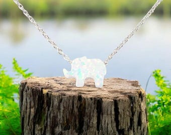 Opal Elephant Necklace Lab-Created Opal Elephant Pendant on 925 Sterling Silver Chain, Dainty Elephant Charm Necklace, Gift for Her.