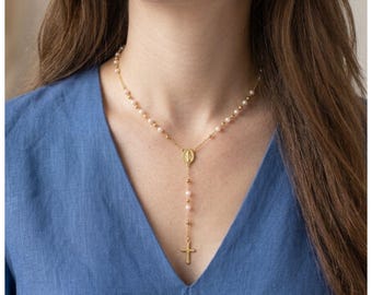 Rosary Necklace, Catholic Simulated Pearl Rosary,  Religious Lariat Jewelry, Christian Gift for Women, First Communion, Confirmation Gift