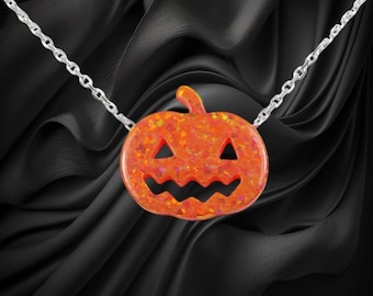 Pumpkin Necklace. Pumpkin Necklace. Lab-Created Opal Pumpkin Pendant, 925 Sterling silver Cable Chain Necklace. Halloween Jewelry.