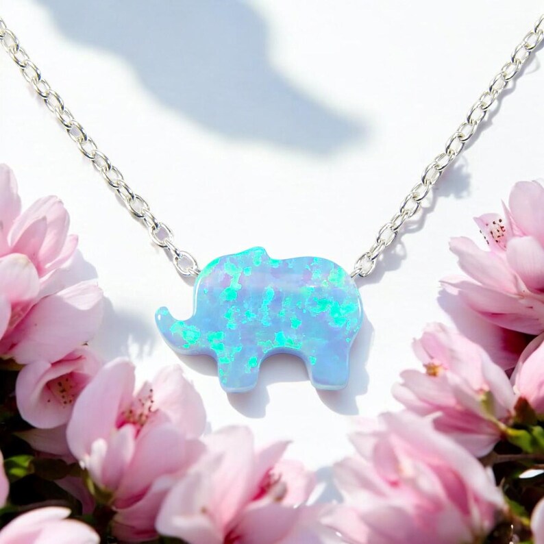 Elephant Necklace. Lab Created Opal Elephant Shape 925 Sterling Silver Chain Link Necklace.