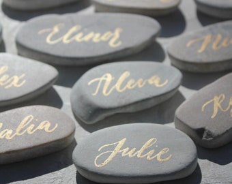 Stone Place Cards with gold calligraphy - Gold calligraphy place card -  Stone Place Cards - Wedding Place Card - Rock Place Card -