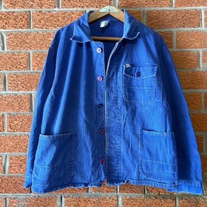Pit23.5" German Blue Cotton Work Jacket Hidden Button Placket Vintage Workwear Chore Coat