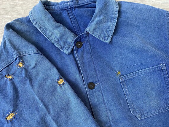 Mending Vintage French Fade Indigo Work Chore Jack