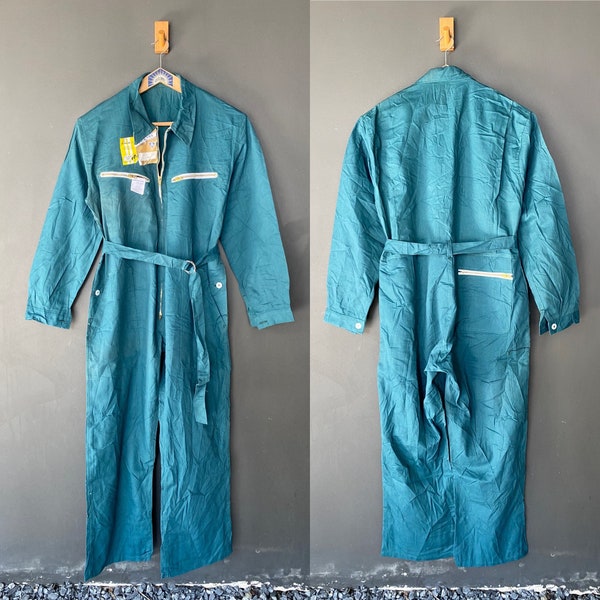 Deadstock French Green Cotton-Blend Work Coveralls Boilersuit Workwear Unisex Jumpsuit