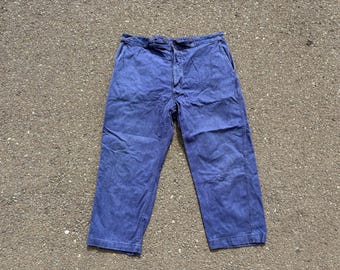 Calças de trabalho francesas vintage dos anos 60, com 99 cm de largura, fabricadas na França. Antiguidades em vestuário de trabalho.