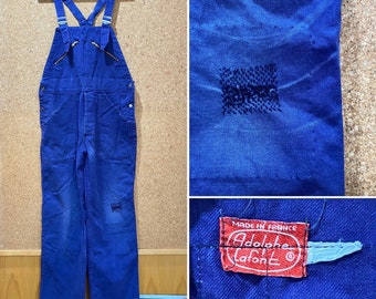 Vintage Adolphe Lafont French Indigo Cotton Work Overalls Darned Workwear Unisex