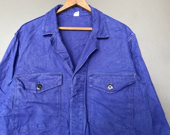 70s Französische Indigo Baumwoll Arbeitsjacke mit 2 Taschen Pit21" Pit23"