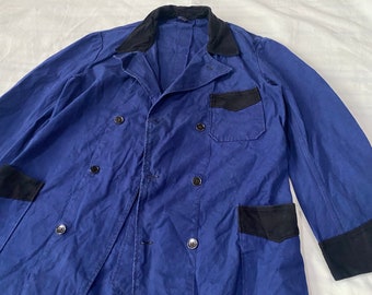 RARE 1940s French Double-Breasted V-Pocket Indigo Cotton Chore Coat and Black Moleskin