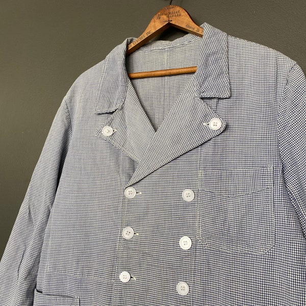 Vintage French V-Pocket Double Breasted Houndstooth Butcher Jacket Workwear Pit20.5"