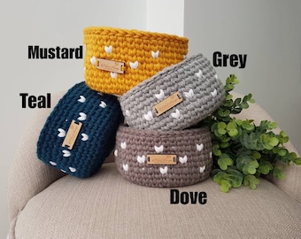 Hearts Yarn Bowl | Storage Bowl | Yarn Basket | Mustard Basket | Grey Basket