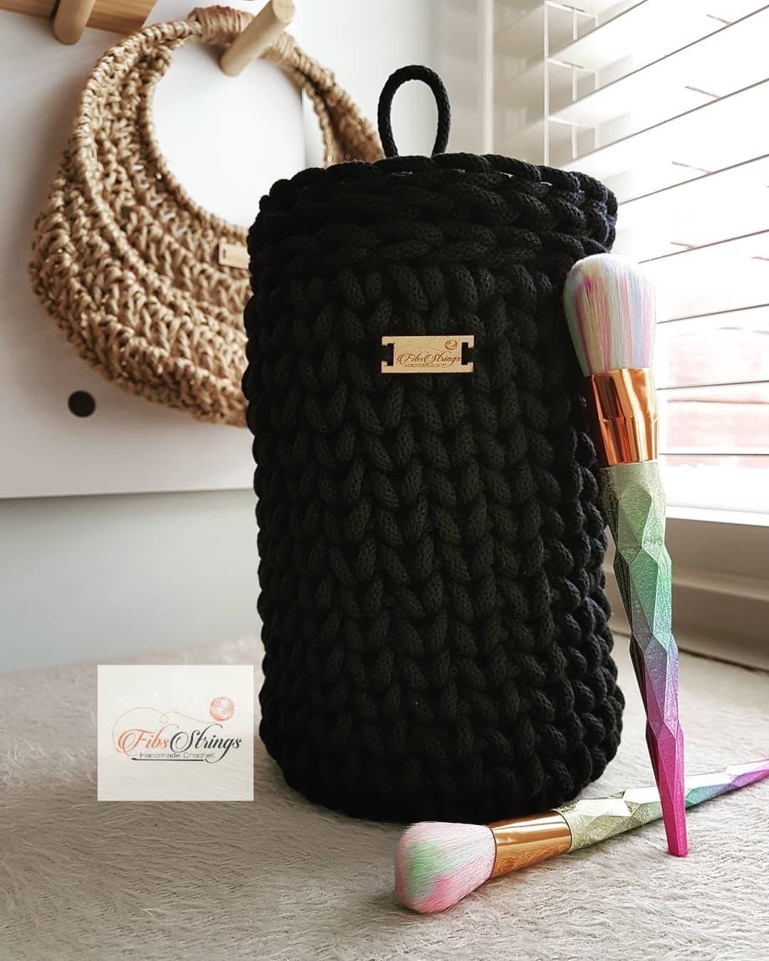 Grand Panier | Crochet Noir Jar avec Couvercle de Rangement Pinceaux Maquillage Stockage Essentiel