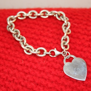 Sterling Silver HEAVY Cable Engraveable Link Chain Bracelet Heart Charm 33.6 grams