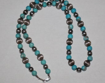Navajo Sterling Silver Blue Turquoise Bead Necklace 24"