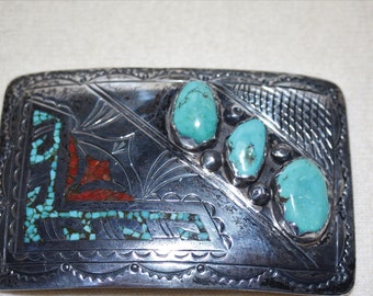 Navajo Signed J Nezzie Sterling Silver Large Morenci Turquoise Coral Chip Inlay Belt Buckle 76 grams