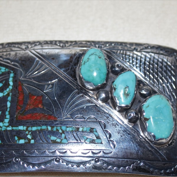 Navajo Signed J Nezzie Sterling Silver Large Morenci Turquoise Coral Chip Inlay Belt Buckle 76 grams