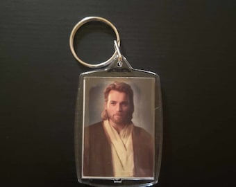 Obi-Wan Jesus Keychain - Funny Star Wars Meme Gift - Hello There Christ Portrait Keyring - Jedi Master Bag Charm - Nerd Humor Secret Santa