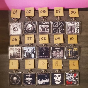 1990&#39;s Crust Punk 2-Sided keychain Crass, Rudimentary Peni, Amebix, Dystopia