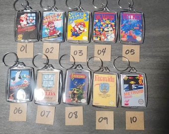 NES Cartridge Keychain - Double Sided Nintendo Box Art - 80s Retro Gaming Gift - Classic Video Game Accessories - Vintage Gamer Bag Charm