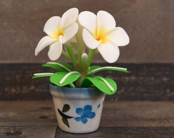 Clay Plumeria Handmade Mini White Plumeria Hawaiian Flower Cute Hand Painted/Standing Pots/Magnet Pots