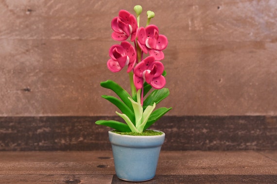 White Vanda Orchids Clay Flower Ceramic Pot Dollhouse Miniature Handmade 3