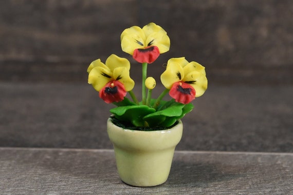 Handcrafted Miniature Yellow Pansy Flower Plant in Pot 1:12
