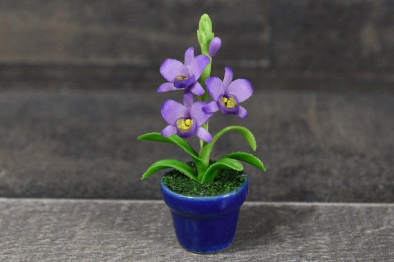 Purple Flower Miniature Cymbidium Orchid Handmade Clay Plant Dollhouse Decor