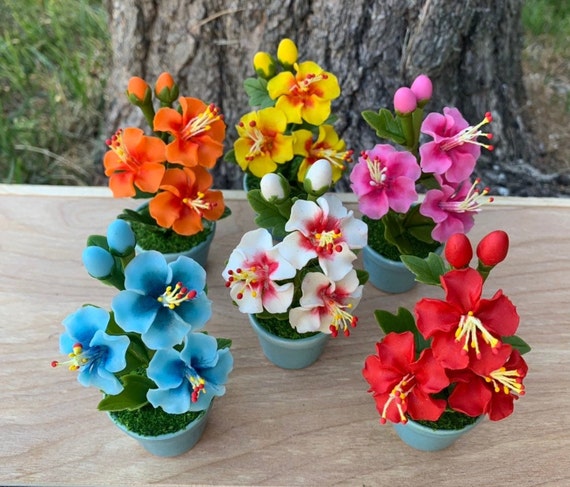1 Set of Miniatures Clay Flowers Art Handmade Tiny Hibiscus Cute Hand Painted Flower