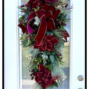 Christmas Door Swag, Burgundy Poinsettia Swag For Front Door, Holiday Swag Wreath For Door, Elegant Entryway Christmas Swag